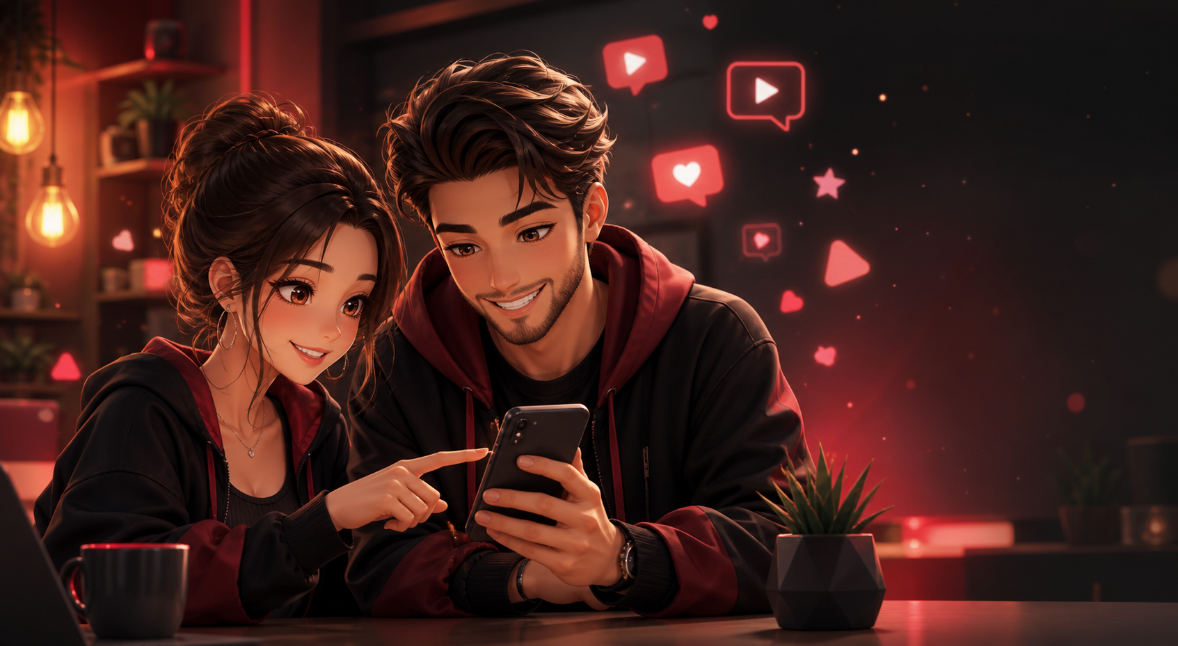 Telefonlarından sosyal medya hizmetlerini yöneten iki özgün anime karakter